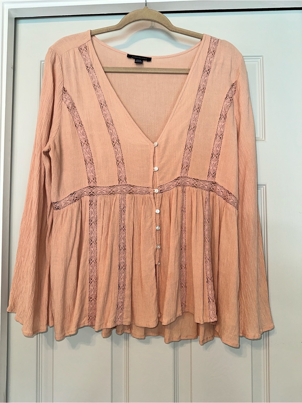 American Eagle Light Pink Lace-Trim Button Front Women's Top - Medium